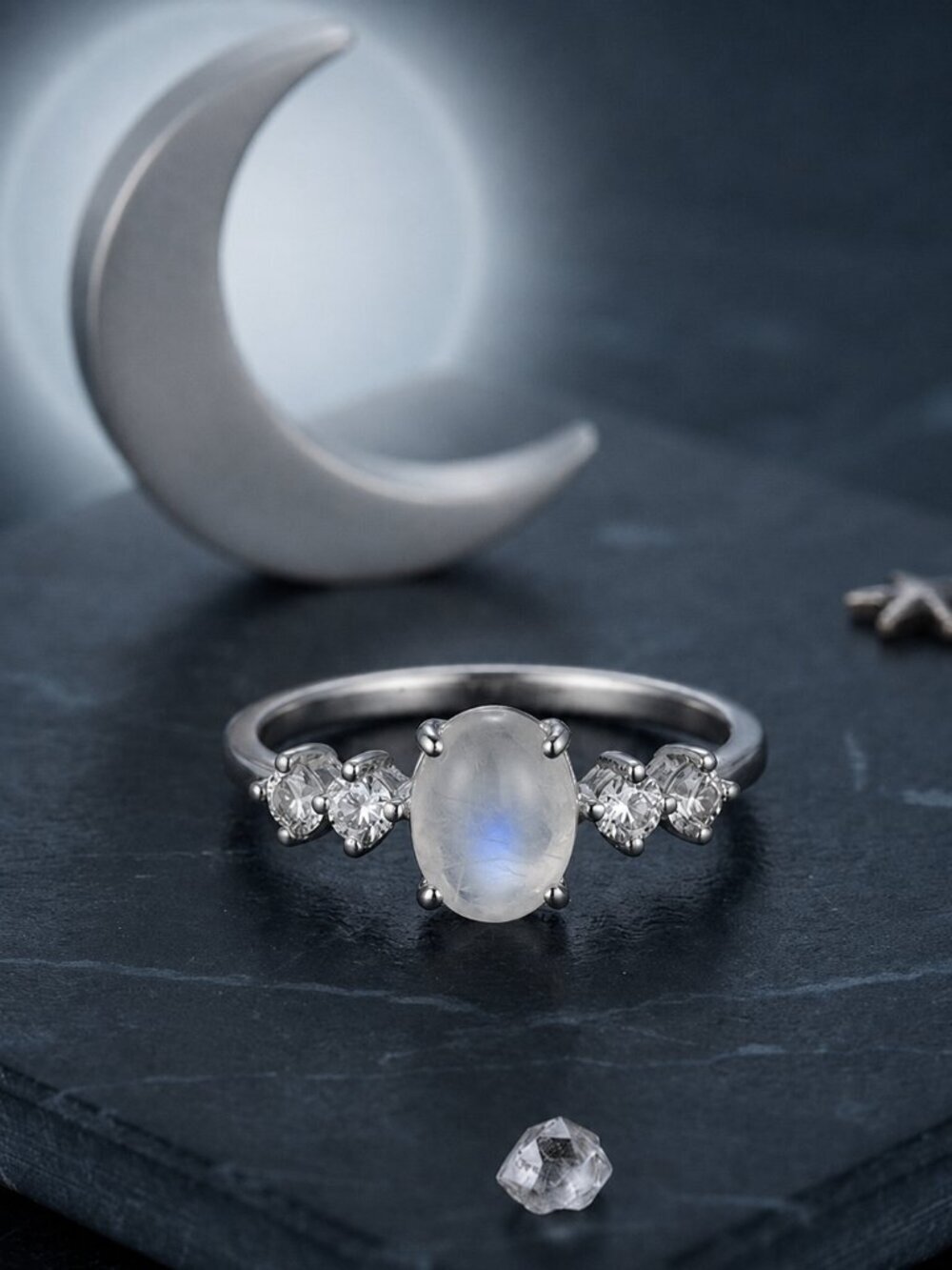 925 Sterling Silver Genuine Moonstone Oval Cabochon Ring Celestial Size 8